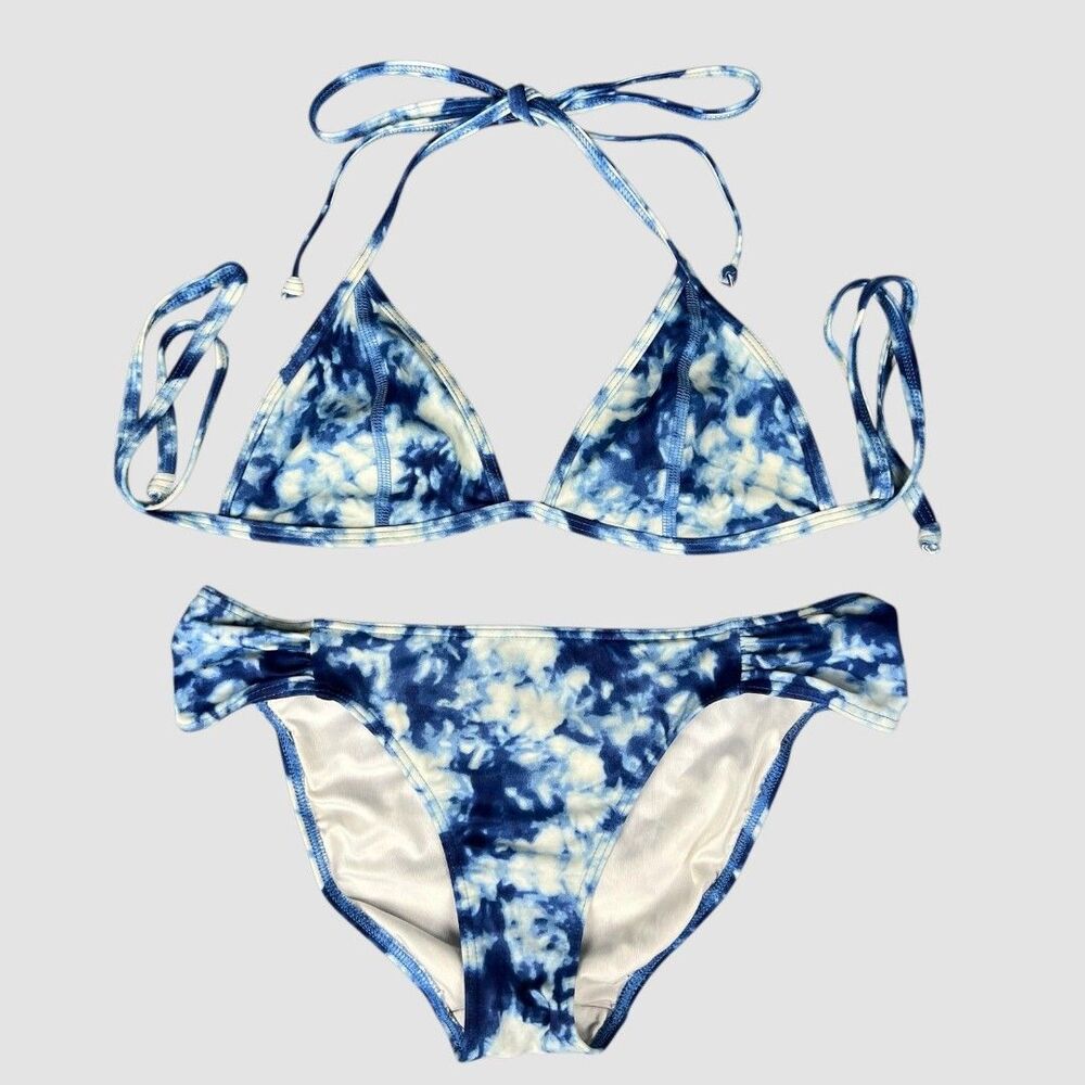 PINK Victoria’s Secret Blue White Tie Dye Bikini Set Top S Bottom XS Triangle